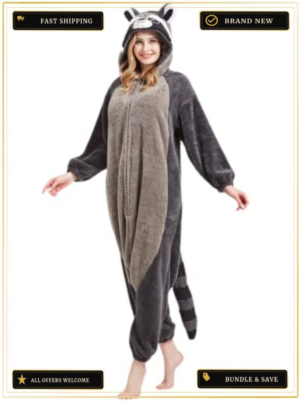 Adult Raccoon Onesie Polar Fleece Hooded One-Piece Pajama Cosplay Halloween - Picture 2 of 6